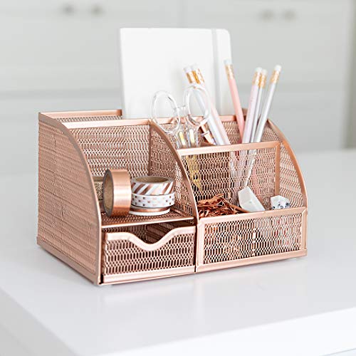 BLU MONACO Rose Gold Mesh Metal Desk Organizer with Drawer – 6 Compartments for Office Supplies & Accessories - color: Rose Gold