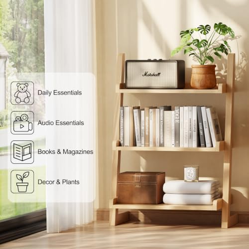 AQIMUELE Solid Wood Ladder Shelf, Leaning Bookshelf, Natural, 3-Tier - color: Natural, size: 3-Tier