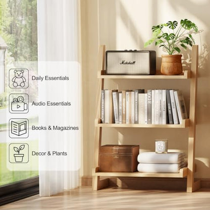 AQIMUELE Solid Wood Ladder Shelf, Leaning Bookshelf, Natural, 3-Tier - color: Natural, size: 3-Tier