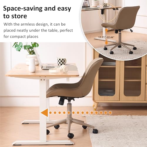 YOUNIKE Faux Leather Office Desk Chair Comfy Vanity Chair Armless Khaki | Ergonomic Upholstered Rocking Back, Swivel with Wheels, Height Adjustable, Modern Task Chair For Computer Sewing Drafting - color: All Khaki