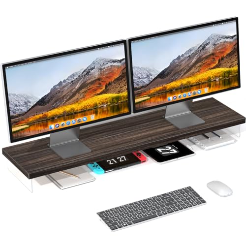 Dual Monitor Stand Riser, 40x10 in Wood & Acrylic Desktop Organizer Shelf - color: Smoke Teak, size: 40*10 Inch