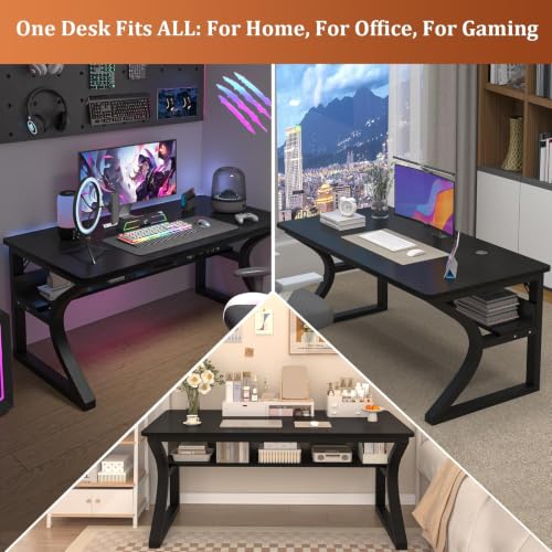 47'' Computer Desk Home Office Desk, Modern Computer Desk w/U Shaped Metal Frame, Storage Shelves, PC Table Study Writing Desk Workstation for Home Office (55inch/Carbon Fiber Black) - size: 55inch/Carbon Fiber Black