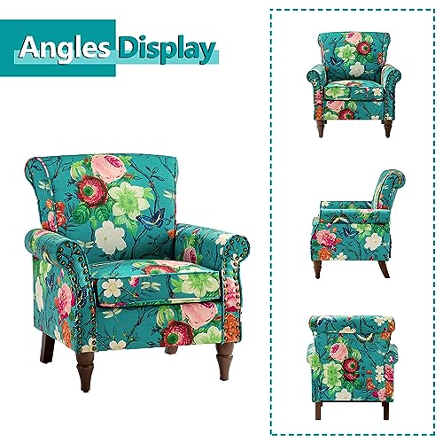 HULALA HOME Traditional Floral Accent Chair with Solid Wood Legs, Blue | Comfy Upholstered Armchair Reading Chair with Rolled Armrests, Nailhead Trim, Removable Cushion, for Living Room Bedroom - color: Blue