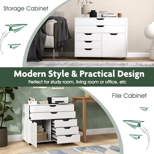 Rolling 5-Drawer File Cabinet, Mobile Printer Stand (White) | Modern Lateral Filing Cabinet | 5 Universal Wheels | For Living Room, Study, Home Office - color: White