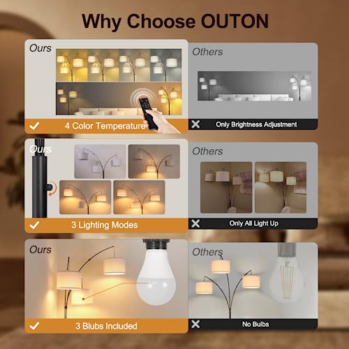 OUTON Arc LED Floor Lamp with Remote Control, Dimmable Modern Black 3 Light Arched Tall Floor Lamp, Mid Century Adjustable Standing Corner Lamps for Bedroom, Office, Living Room, Beige Lampshade - color: Black+Beige Remote Control