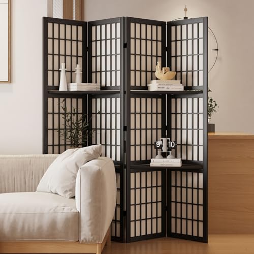 Room Divider with Shelves, 66.9-Inch Tall Japanese Shoji Style Wood Screen with Double Hinges for Home Office Bedroom Hotel Decoration (4 Panels, Black) - color: Black - Shelves, size: 4 Panels