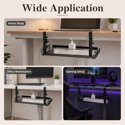 Under Desk Cable Management Tray, No Drill Under Desk Shelf | Black Metal Mesh Wire Organizer with Clamp for 0.4-1.8 in Table for Power Strips and Cord Storage in Home Office