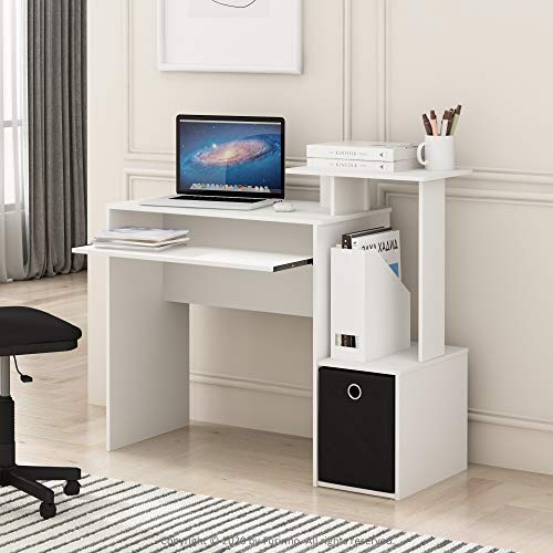 Furinno Econ Multipurpose Home Office Computer Writing Desk, White/Black | Side Shelves and Storage Bin, Computer Desk, Office Desk, for Home Office, Study Room, Dorm - color: White/Black, size: 30"Wide Tabletop