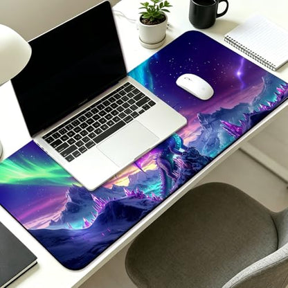 Fantasy Dragon Under Aurora Sky Gaming Desk Mat & Mouse Pad, XL - color: W06