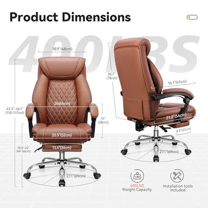 Office Chair, Executive Leather Chair Adjustable High Back, Ergonomic Computer Desk Chair Lumbar Support, Big and Tall Office Chair with Footrest, Comfy Reclining Chair for Home Office - color: Brown, style: With Footrest