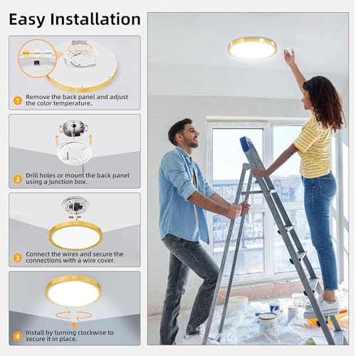 Hlite 12 inch Flush Mount LED Ceiling Light Fixture,2400LM,3CCT,6Pack | 24W Super Slim Light Fixtures Ceiling Mount 3000K/4000K/5000K Selectable,Light Fixtures for Kitchen,Bedroom,Gold - color: Gold, size: 12 inch-6