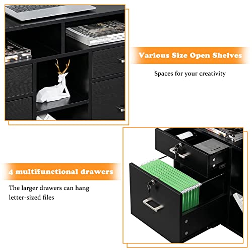 VINGLI Wood Mobile File Cabinet with 4 Drawers and Shelves, Printer Stand with Open Storage, Locking Lateral Filing Cabinet for Home Office, Black - color: Black