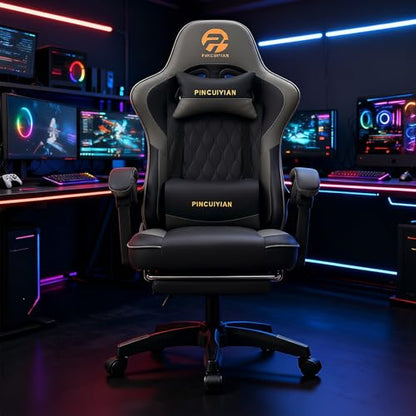 Ergonomic Gaming Chair with Footrest and Lumbar Support, High Back Reclining PU Leather Computer Chair with Headrest and Linkage Armrests, Swivel Height Adjustable Office Gamer Chair for Adults (Gray)