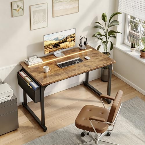 DurayLoly 40" Computer Desk with Waterproof LED Lights for Bedroom,Brown - color: Rustic Brown, size: 40 IN