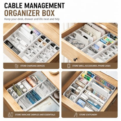 Cable Storage Box with Cable Straps and 6 Magnetic Cable Clips | With 6 Removable Dividers, 7 Cable Ties & 6 Magnetic Clips, Ideal for Chargers, USB Cables & Office Supplies