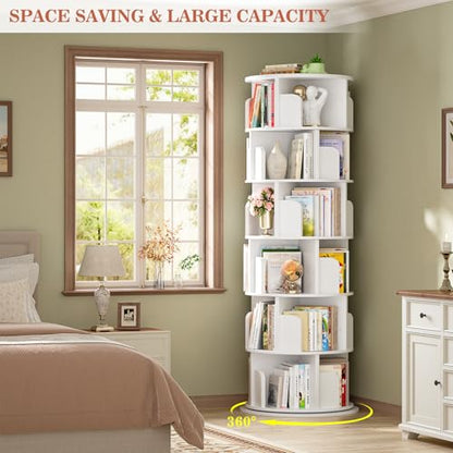 Aheaplus 5 Tier Wood Rotating Bookshelf, 360° Spinning Book Shelf Tower - color: White, size: 6-Tier