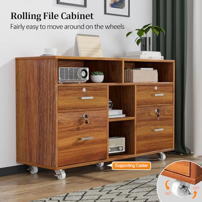 VINGLI Wide 4 Drawer Lockable Rolling File Cabinet with Open Shelves - Walnut Wood Lateral File Cabinet Printer Stand for Home Office, Letter Sized - color: Walnut