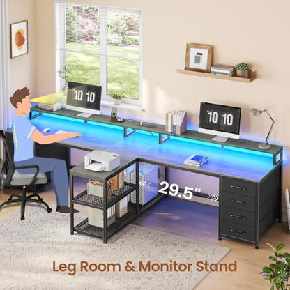 SEDETA 94.5" 2 Person Gaming Desk with 8 Drawers & Storage Shelves, Grey | Double T Shaped Office Desk with LED Lights, Power Strip with USB & Monitor Stand for Home Office, Bedroom - color: Grey