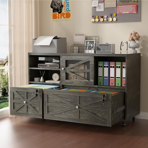 2 Drawer Farmhouse File Cabinet with Lock, Mobile Lateral Filing Cabinet for Letter/Legal/A4 Size, Open Storage Adjustable Shelf for Home Office Cabinets, Gray - color: Gray Farmhouse-2 Drawers
