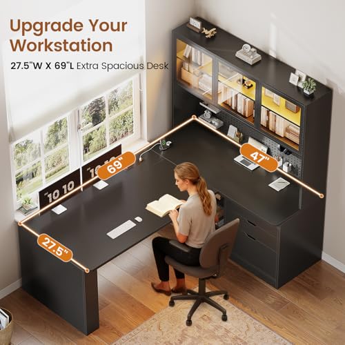 SEDETA L Shaped Corner Gaming Desk with 3 Wood Drawer and Large Bookshelf - color: Black