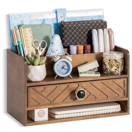 dreampossible Brown Wood Desk Organizer and Accessories with Drawer, Bill Mail Organizer and File Mail Holder for Office Supplies, Desk Accessories & Workspace Organizers - color: Brown