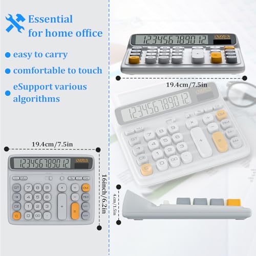 Desktop Calculator with Extra Large 5-Inch LCD Display, 12-Digit Two Way Power Solar & Battery Office Calculator with Big Buttons for Business, Accounting & Home Use(Grey) - color: Grey