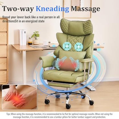500 Lbs Kneading Massage Office Chair with Foot Rest Reclining Green | Ergonomic Computer Chair, High Back Thick Cushion, Big & Tall, Comfy Leather, Heavy Duty Home Executive - color: Green