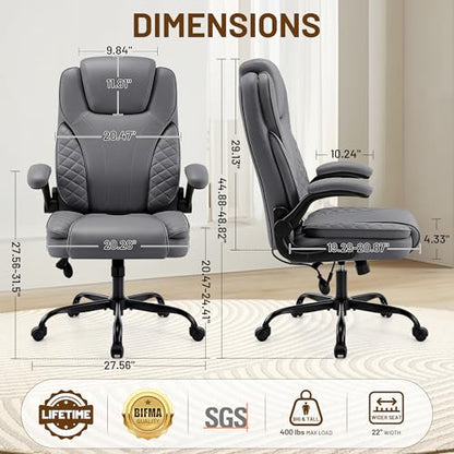 Ergonomic Office Chair, PU Leather High Back Executive Chair with Adjustable Inflatable Lumbar Support and Padded Flip-Up Arms, Recline Swivel Task Computer Chair for Home Office, Gray - color: Grey