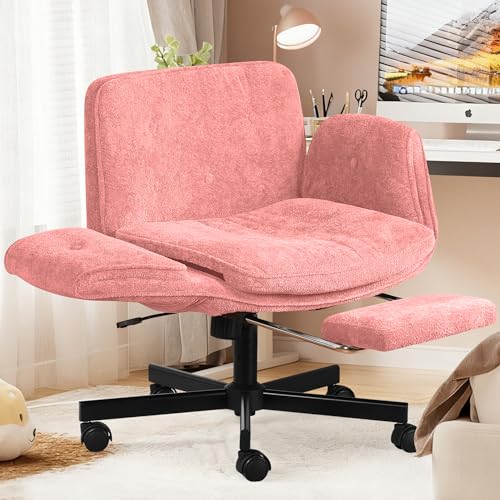 Criss Cross Chair with Footrest & 5 Level Folding Arms Full Relaxation, Wide Cross Legged Office Chair for Home Office, Comfy Swivel Desk Chair with Ottoman, Chenille Vanity Chair (Pink) - color: Pink, style: With Footrest