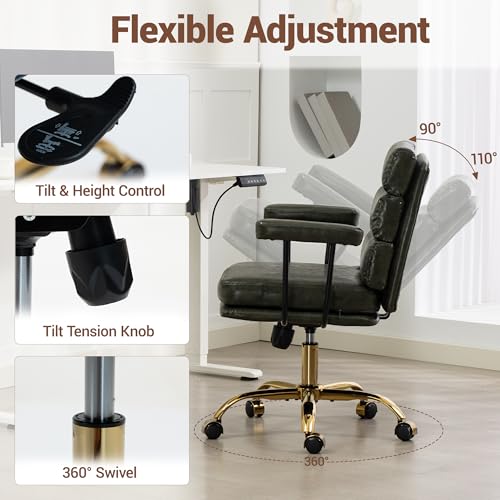 Leather Office Chair with Wheels,Ergonomic Swivel Rolling Task Chair,Padded Seat and Armrests,Adjustable Height Home Desk Chair,Executive Computer Chair, Gold Base Makeup Vanity Chair,Green - color: Green