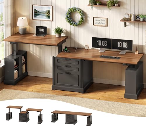 SEDETA 98.4'' Standing Two Person Desk with 3 Drawers, Storage Cabinet | Farmhouse Long Computer Desk, Electric Height Adjustable 2 Person Desk with Power Outlets for Home Office, Black+Brown - color: Black+brown, size: 98.4 inches