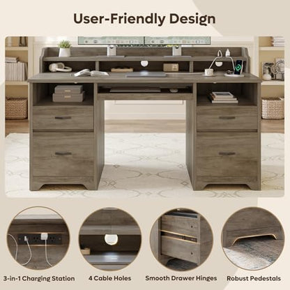 Bestier 59" Executive Desk with Charging Station & Monitor Stand, Grey - color: Grey