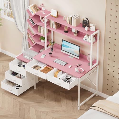 YOMILUVE 52" Computer Desk with Bookshelf, 5 Drawers ＆ Hutch for Bedroom | Pink Office Desk with Printer Shelf, Study Writing Desk with Storage Shelves - color: Pink