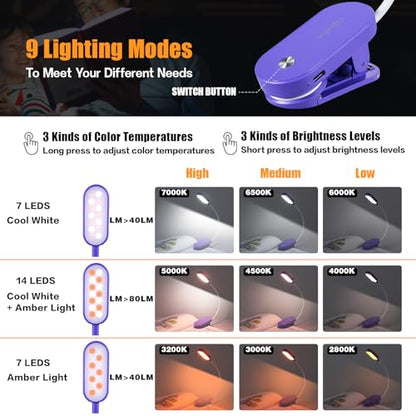 VAVOFO Rechargeable Book Light, 14 LEDs Eye Care Clip On Amber Reading Light for Bookworms Reading in Bed with 9 Colors 9 Brightness (Dark Purple) - color: Dark Purple