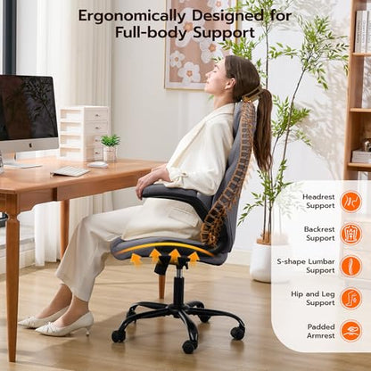 Ylzyxal Office Desk Chair, Ergonomic Computer Chair with Padded Flip-Up Arms and Adjustable Lumbar Support, PU Leather Executive Chair with Tilt Lock and 360° Swivel Rolling Wheels for Work, Study - color: Grey