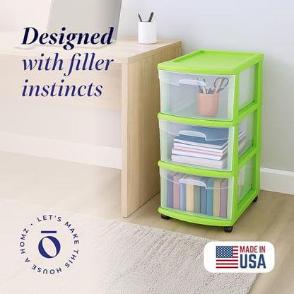 HOMZ Drawer Tower, 3-Tier Storage Cart with Removable Wheels, Bold Lime - color: Bold Lime, size: 1 Pack
