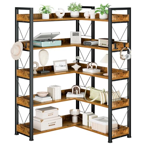 DUMOS 65 inch L Shaped Bookshelf, 5 Tier Corner Bookcase with Hooks and Edge, Industrial Pantry Shelves with Metal Frame, Wooden Open Storage for Living Room, Home Office, Bedroom, Rustic Brown | Industrial Pantry Shelves with Metal Frame, Wooden Open Sto