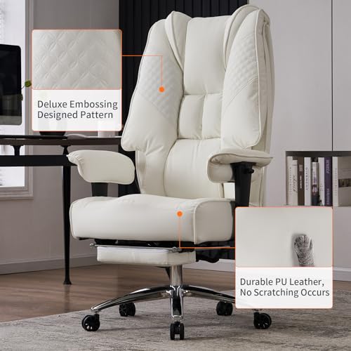 EXCEBET Big and Tall Office Chair 400lbs Wide Seat, Leather High Back Executive Office Chairs with Foot Rest, Ergonomic Lumbar Support for Lower Back Pain Relief (White) - color: Pure White