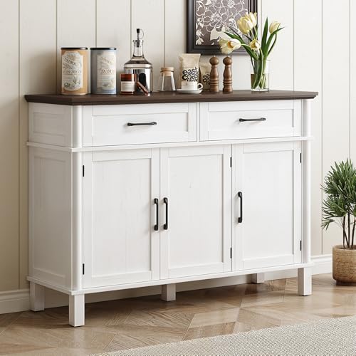 48 Inch Buffet Cabinet with Storage, Off White | Farmhouse Sideboard Buffet w/2 Drawers and 3 Doors, Wood Coffee Bar Cabinet with Adjustable Shelves for Kitchen, Living Room - color: Off White, size: 48 Inch