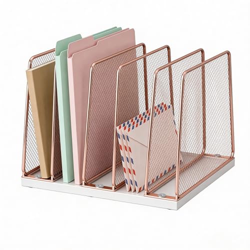 LEKETREE Rose Gold Desk File Organizer, 5-Section Upright File Sorter, Vertical File Folder Holder, Mesh Metal Wood Office Desktop Organization for Document, Magazine, Books and more (Rose Gold) - color: White and Rose Gold