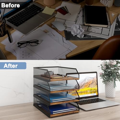 Natwind 4-Tier Stackable Metal Mesh Paper Organizer with Sliding Tray,Retro | Wooden Desk Organizer, Letter Tray For Desktop,File Holder For Home Office School Classroom Organization - size: 4 Tier