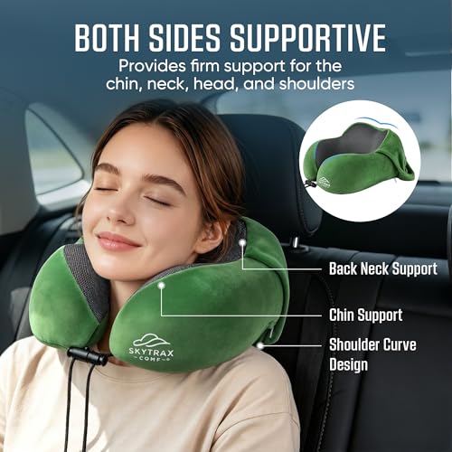 SkytraxComf® Travel Neck Pillow with Hood for Privacy on Long Flights | Memory Foam | Airplane Sleep | Safety-Tested Materials | Extra Large Hood | Chin Support | Earplugs | Washable Cover - color: Olive