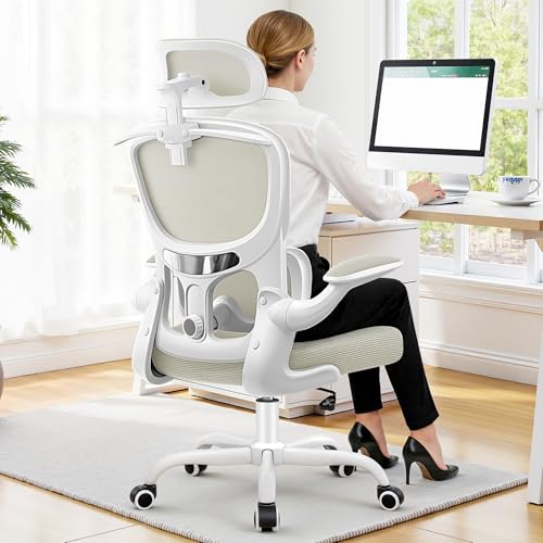 ALLGOD Ergonomic Office Chair, Mesh Home Desk Chair with Lumbar Support | Comfortable Computer Gaming Chair with 90° Flip-Up Armrests, Adjustabel Headrest, 45° Rocking Function, 300 LBS White - color: White, size: 1 Pack