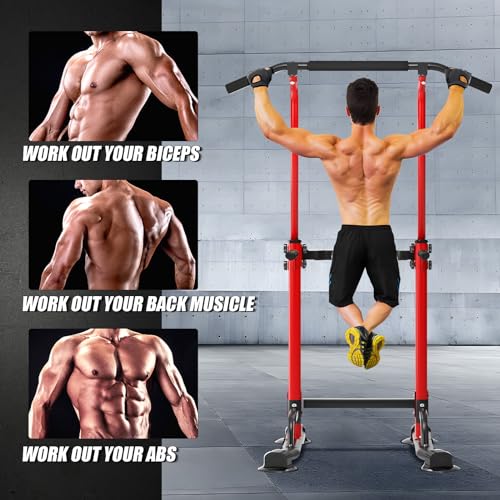 soges Power Tower Pull Up Bar Station, Free Standing Pull Up Rack Dip Station for Home Gym, Height Adjustable Home Strength Training Fitness Workout Equipment - color: Red