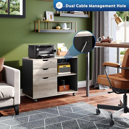 DEVAISE 3-Drawer Wood File Cabinet, Mobile Lateral Filing Cabinet, Printer Stand with Open Storage Shelves for Home Office, Greige | Mobile Printer Stand, Open Storage Shelves, Letter & A4 Compatible, Wood, Home Office - color: Greige