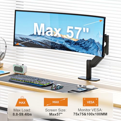 Suptek Single Monitor Arm for 27–57 Inch Ultrawide Large Screen Monitors, Heavy Duty Gas Spring Desk Mount with Tilt Swivel, VESA 75/100, Supports 59.4 lbs, Clamp & Grommet, MD71MAX - color: Black, size: 27–57 Inch