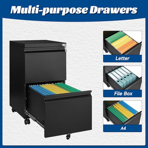 Fesbos 2 Drawers Vertical File Cabinet - Fully Assembled Black Under Desk Mobile Filling Cabinet Small Lockable Home Office File Cabinets for A4/Letter/Legal Size - color: Black, size: 14.6"W-2 Drawers-Fully Assembled