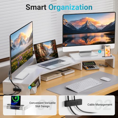 BONTEC Triple Monitor Stand Riser with Smartphone Holder, White - color: White, size: 53.3 in