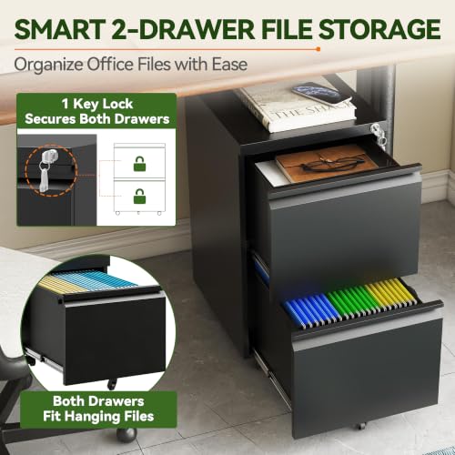 SAWJEC 2 Drawer Rolling File Cabinet Fully Assembled, Black - color: 01b-black