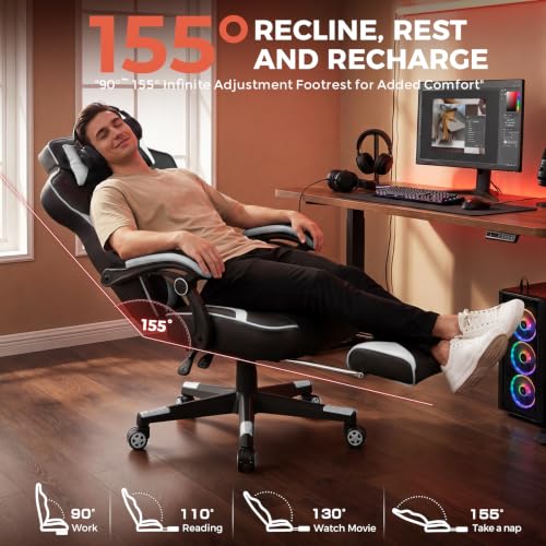 GTPLAYER Gaming Chair with Footrest, 350LBS Big and Tall Office Chair, Ergonomic High Back Lumbar Support and Recliner for Back Pain Relief, White - color: White